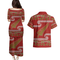 New Zealand Christmas Couples Matching Puletasi and Hawaiian Shirt Meri Kirihimete Silver Fern Knit Style Green Color LT03 - Polynesian Pride