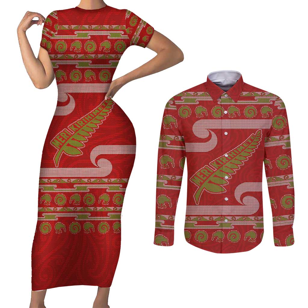 New Zealand Christmas Couples Matching Short Sleeve Bodycon Dress and Long Sleeve Button Shirt Meri Kirihimete Silver Fern Knit Style Green Color LT03 Green - Polynesian Pride