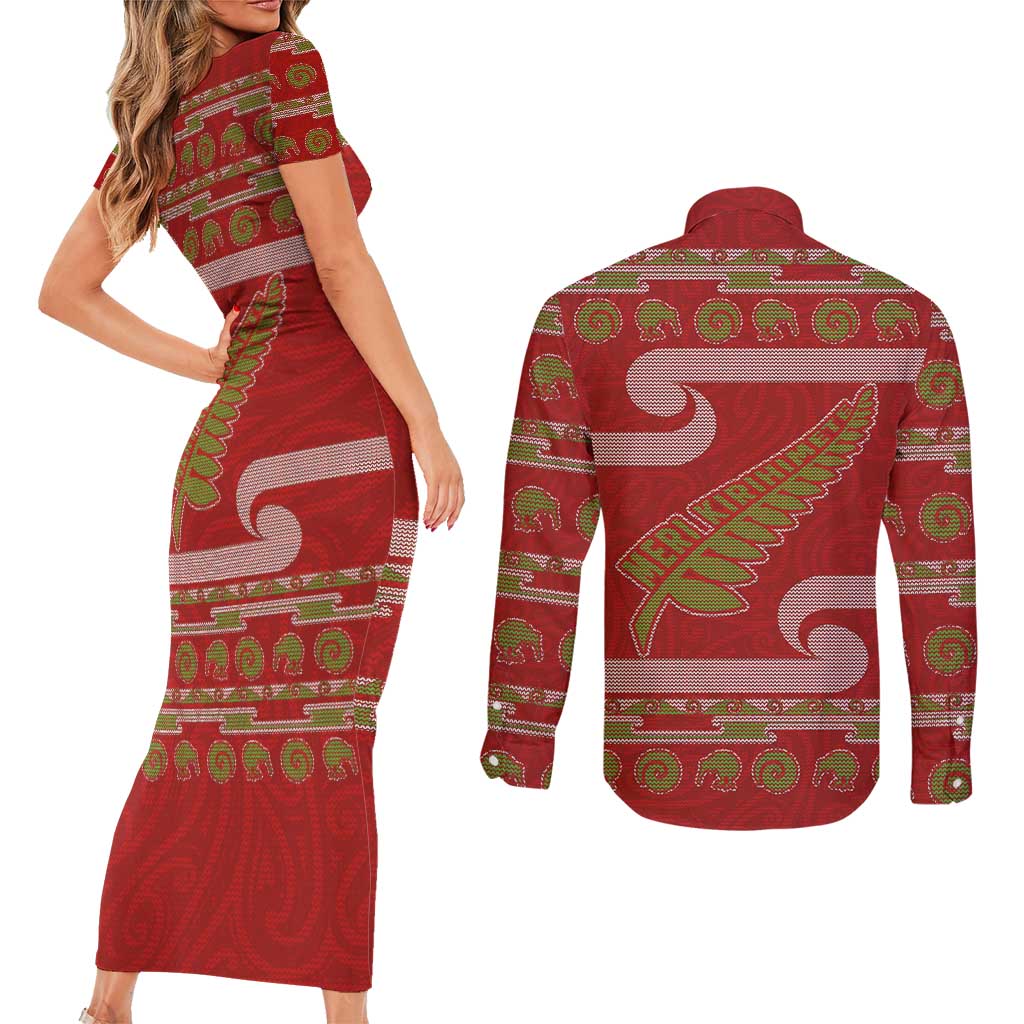 New Zealand Christmas Couples Matching Short Sleeve Bodycon Dress and Long Sleeve Button Shirt Meri Kirihimete Silver Fern Knit Style Green Color LT03 - Polynesian Pride