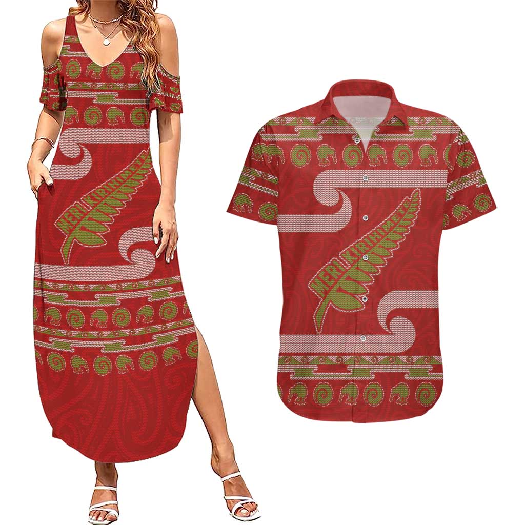 New Zealand Christmas Couples Matching Summer Maxi Dress and Hawaiian Shirt Meri Kirihimete Silver Fern Knit Style Green Color LT03 Green - Polynesian Pride