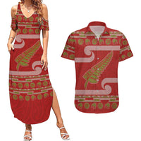 New Zealand Christmas Couples Matching Summer Maxi Dress and Hawaiian Shirt Meri Kirihimete Silver Fern Knit Style Green Color LT03 Green - Polynesian Pride