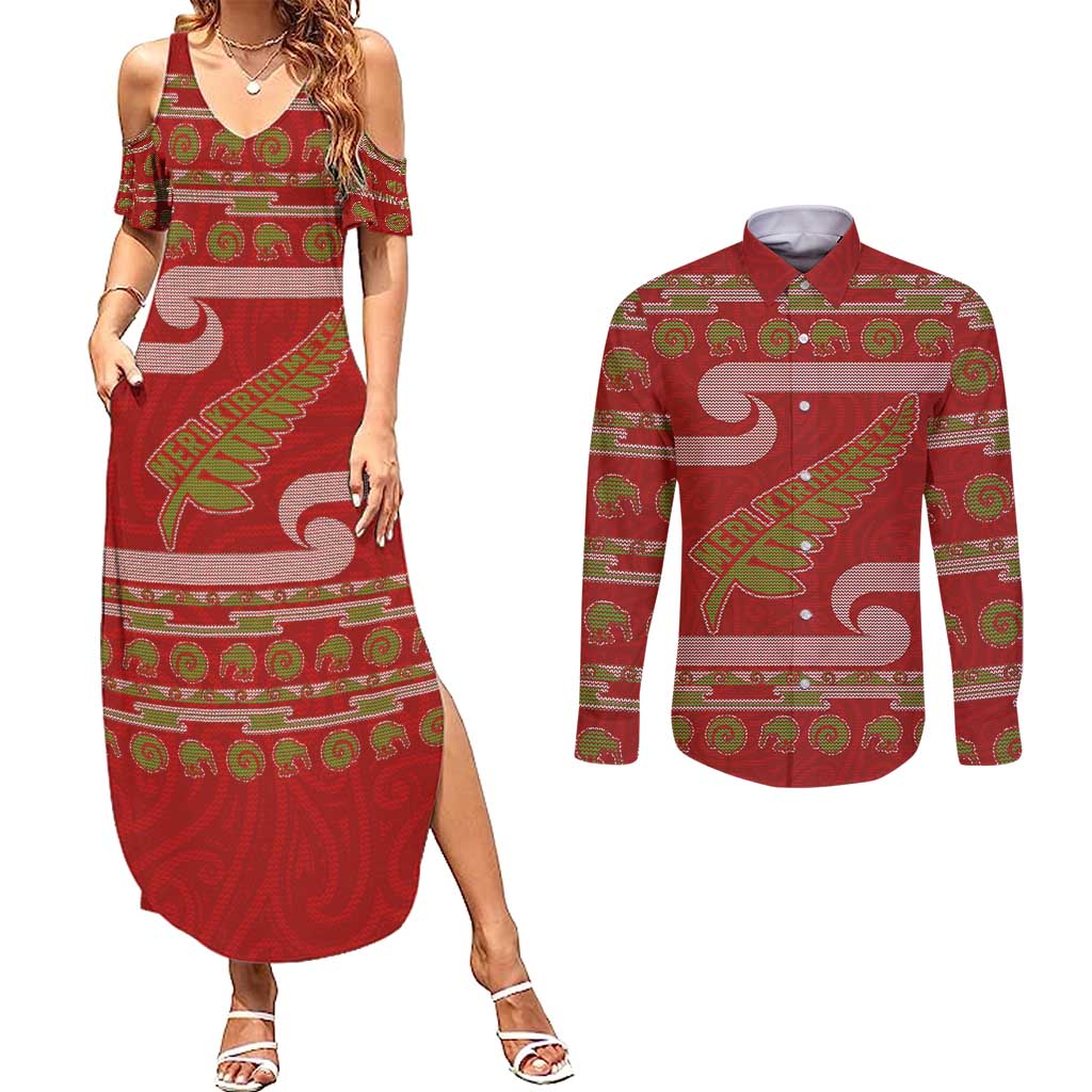 New Zealand Christmas Couples Matching Summer Maxi Dress and Long Sleeve Button Shirt Meri Kirihimete Silver Fern Knit Style Green Color - Polynesian Pride