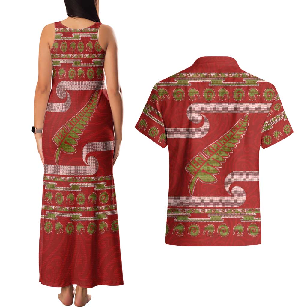 New Zealand Christmas Couples Matching Tank Maxi Dress and Hawaiian Shirt Meri Kirihimete Silver Fern Knit Style Green Color LT03 - Polynesian Pride