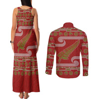 New Zealand Christmas Couples Matching Tank Maxi Dress and Long Sleeve Button Shirt Meri Kirihimete Silver Fern Knit Style Green Color LT03 - Polynesian Pride