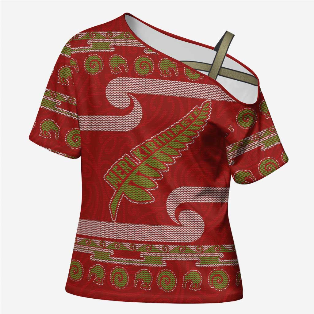 New Zealand Christmas Cross Shoulder Shirt Meri Kirihimete Silver Fern Knit Style Green Color LT03 Female Green - Polynesian Pride