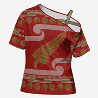New Zealand Christmas Cross Shoulder Shirt Meri Kirihimete Silver Fern Knit Style Green Color LT03 Female Green - Polynesian Pride