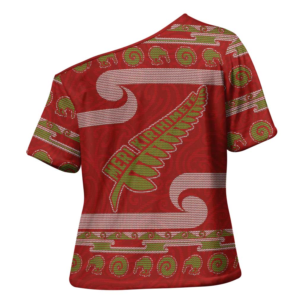 New Zealand Christmas Cross Shoulder Shirt Meri Kirihimete Silver Fern Knit Style Green Color LT03 - Polynesian Pride