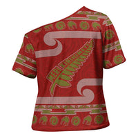 New Zealand Christmas Cross Shoulder Shirt Meri Kirihimete Silver Fern Knit Style Green Color LT03 - Polynesian Pride