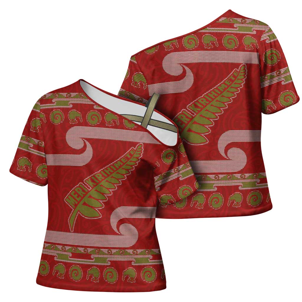 New Zealand Christmas Cross Shoulder Shirt Meri Kirihimete Silver Fern Knit Style Green Color LT03 - Polynesian Pride