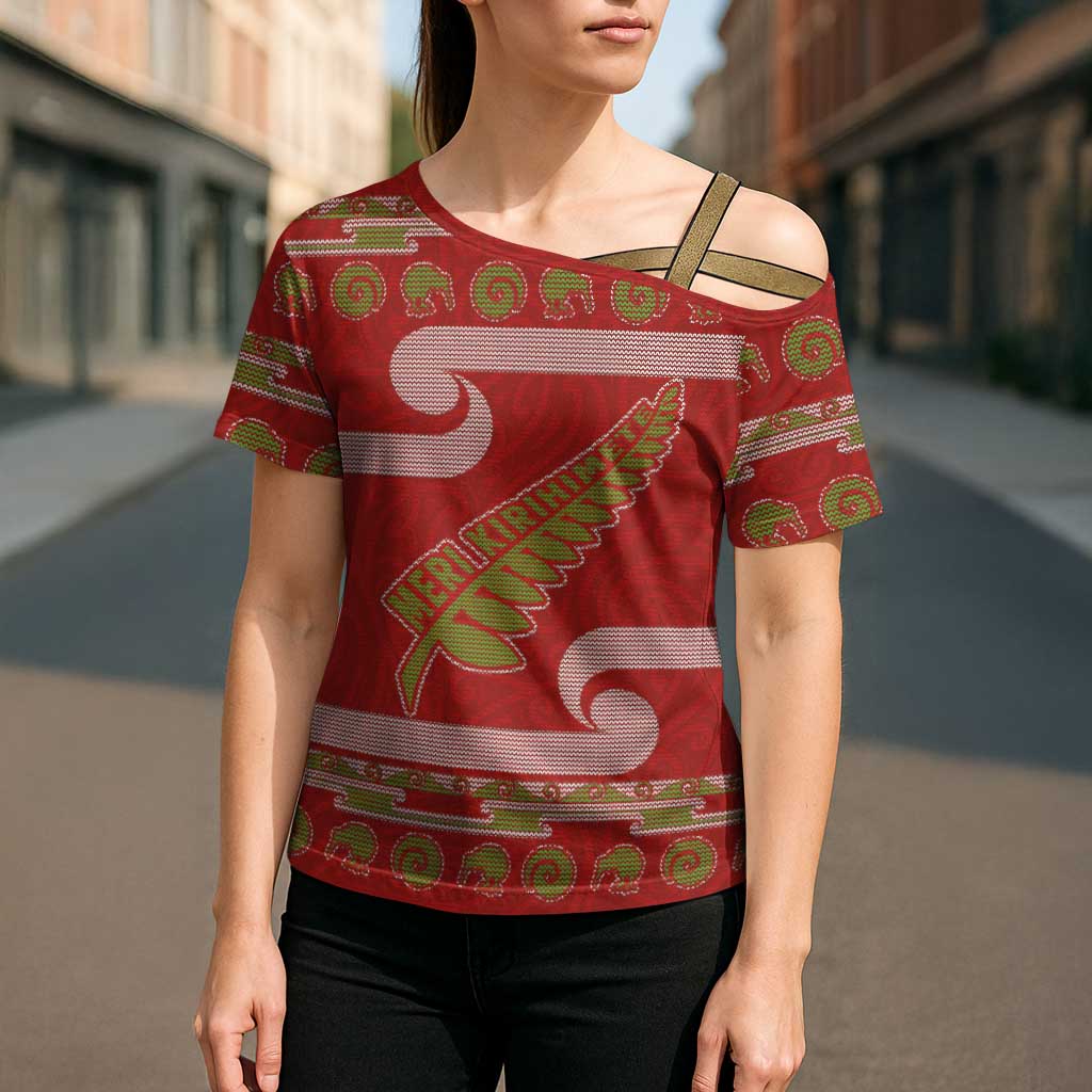 New Zealand Christmas Cross Shoulder Shirt Meri Kirihimete Silver Fern Knit Style Green Color LT03 - Polynesian Pride