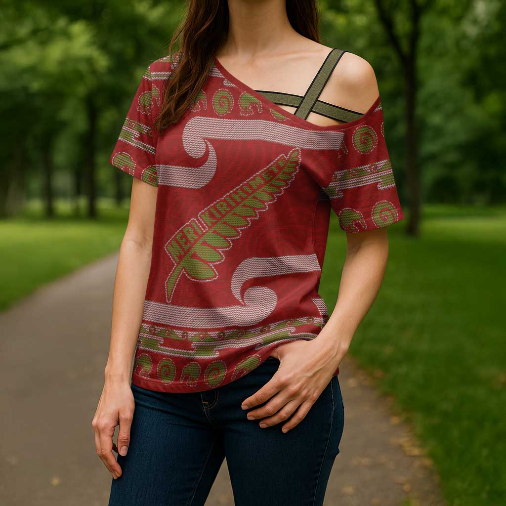 New Zealand Christmas Cross Shoulder Shirt Meri Kirihimete Silver Fern Knit Style Green Color LT03 - Polynesian Pride