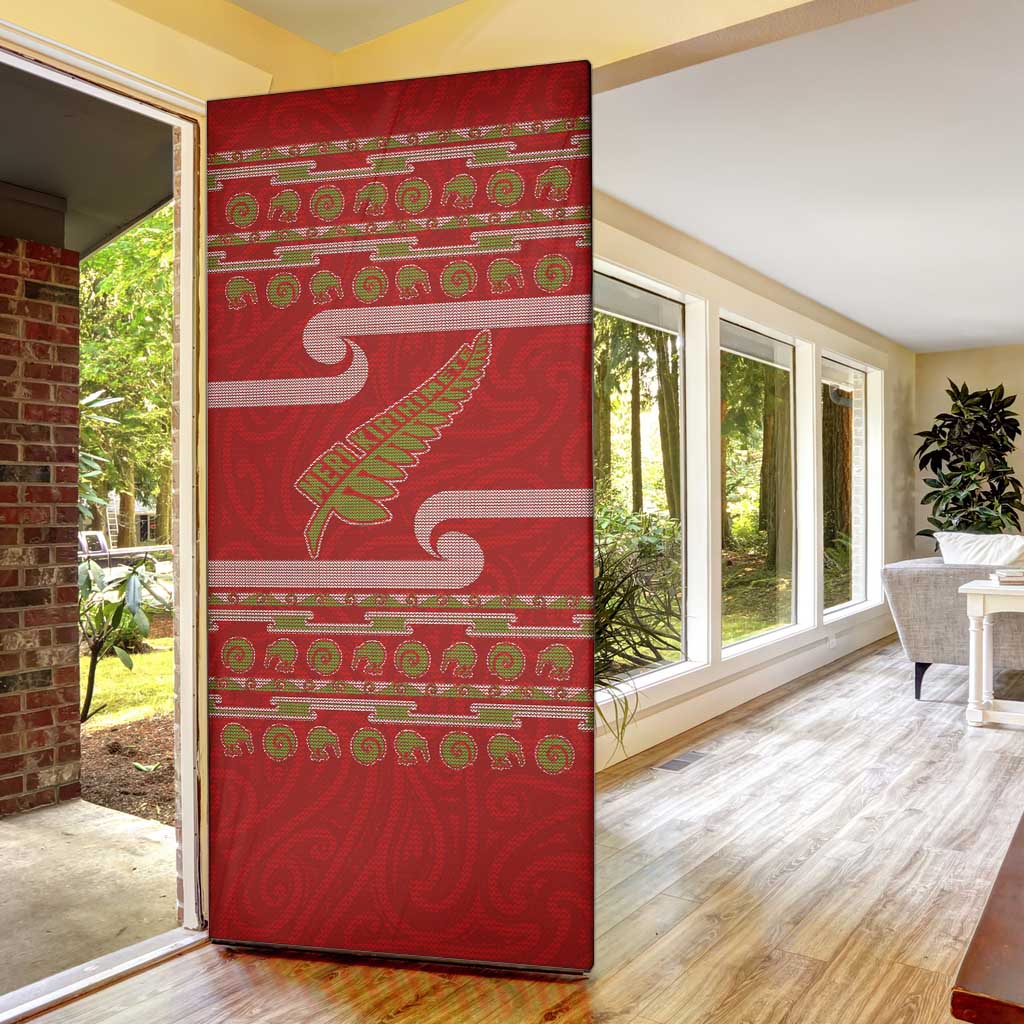 New Zealand Christmas Door Cover Meri Kirihimete Silver Fern Knit Style Green Color LT03 - Polynesian Pride