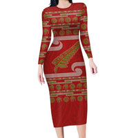 New Zealand Christmas Family Matching Long Sleeve Bodycon Dress and Hawaiian Shirt Meri Kirihimete Silver Fern Knit Style Green Color LT03 Mom's Dress Green - Polynesian Pride