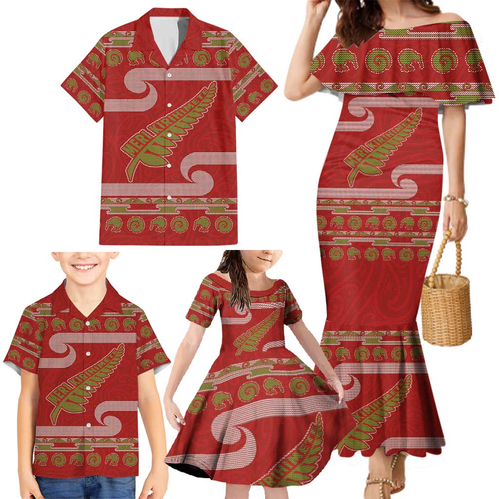 New Zealand Christmas Family Matching Mermaid Dress and Hawaiian Shirt Meri Kirihimete Silver Fern Knit Style Green Color LT03 - Polynesian Pride