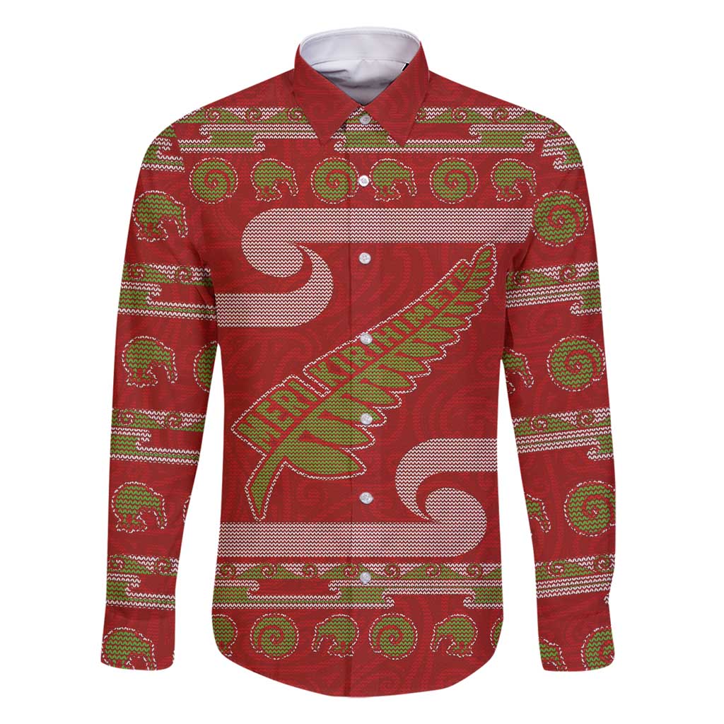 New Zealand Christmas Family Matching Mermaid Dress and Hawaiian Shirt Meri Kirihimete Silver Fern Knit Style Green Color LT03 Dad's Shirt - Long Sleeve Green - Polynesian Pride