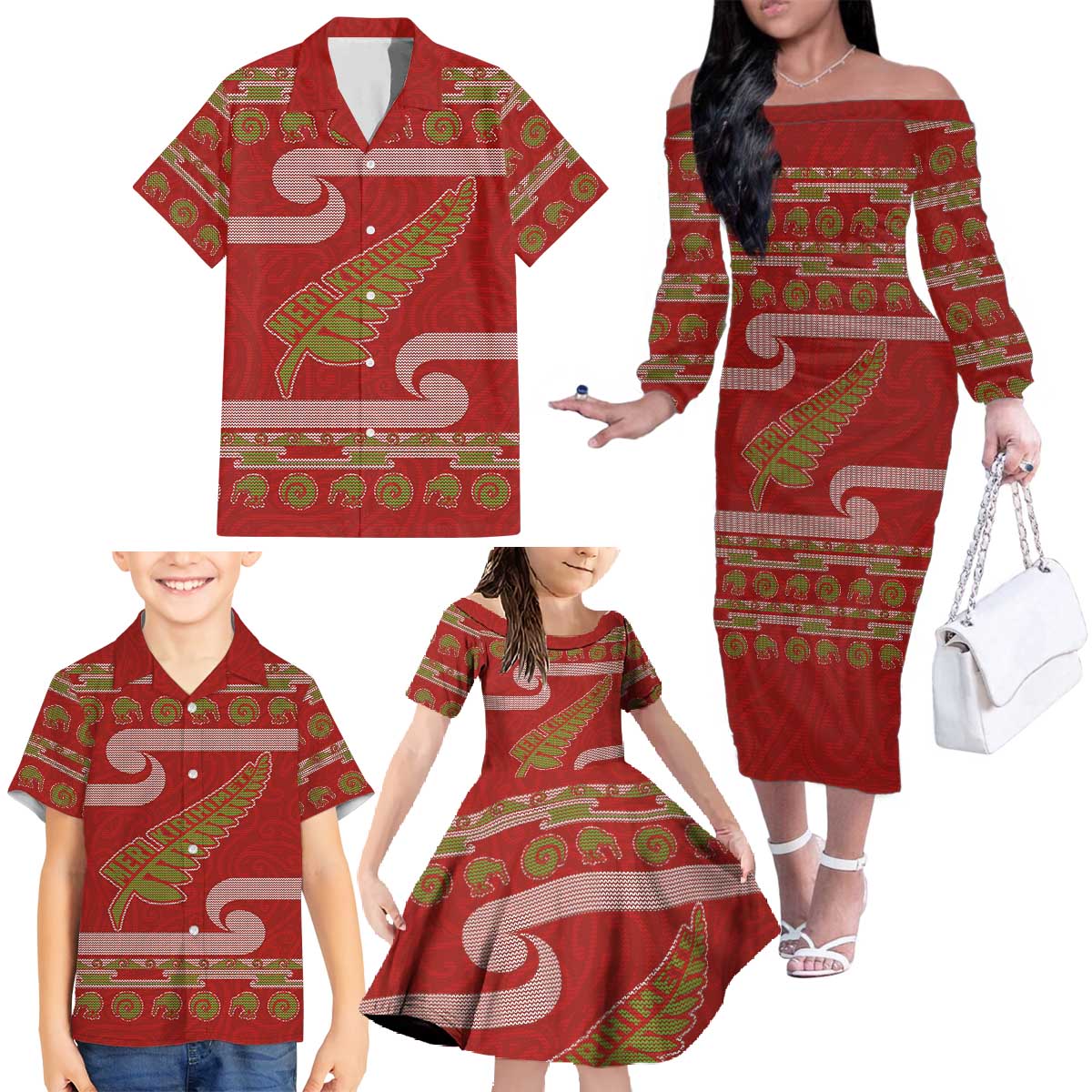 New Zealand Christmas Family Matching Off The Shoulder Long Sleeve Dress and Hawaiian Shirt Meri Kirihimete Silver Fern Knit Style Green Color LT03 - Polynesian Pride