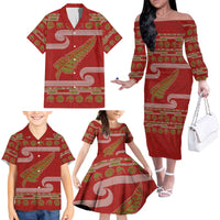 New Zealand Christmas Family Matching Off The Shoulder Long Sleeve Dress and Hawaiian Shirt Meri Kirihimete Silver Fern Knit Style Green Color LT03 - Polynesian Pride