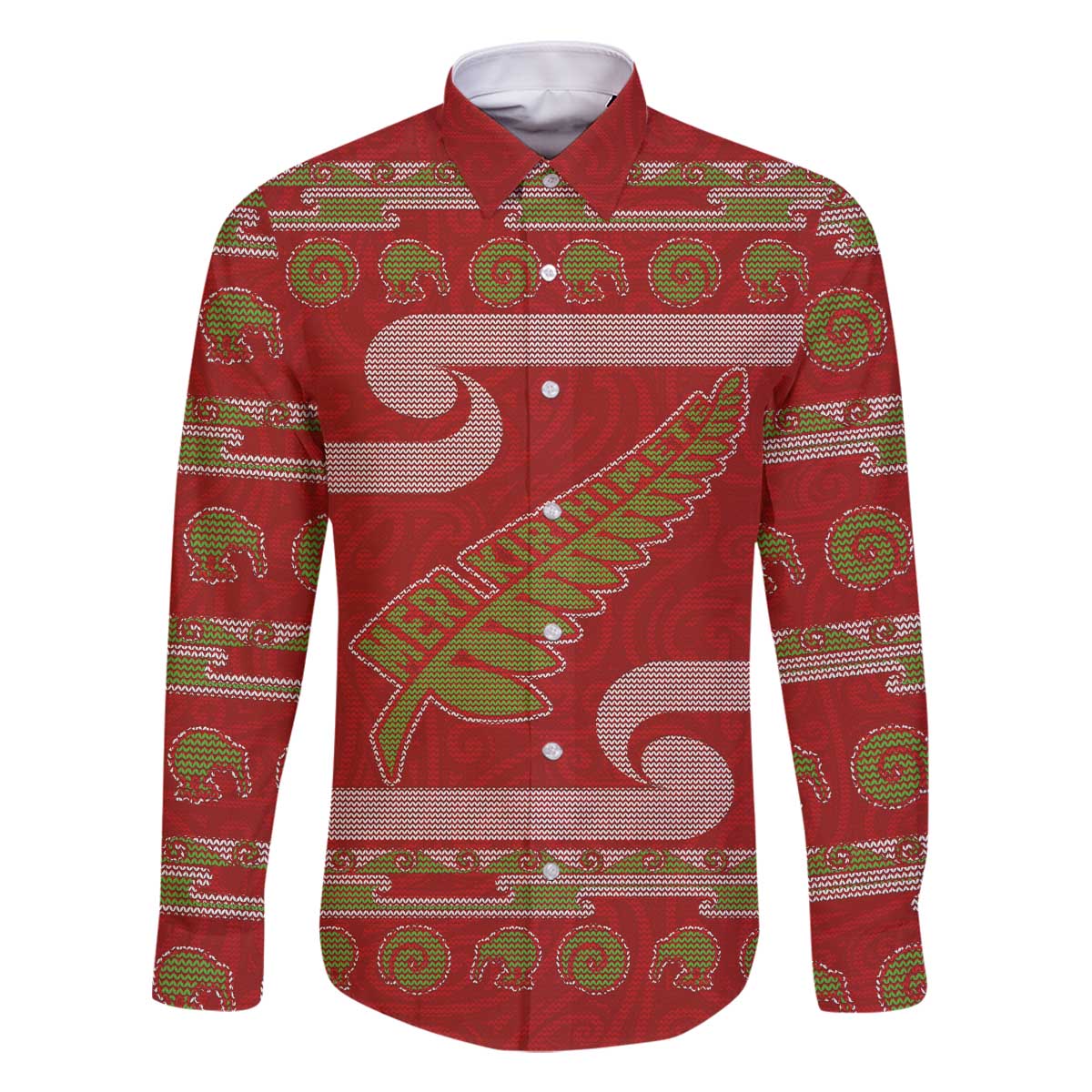 New Zealand Christmas Family Matching Off The Shoulder Long Sleeve Dress and Hawaiian Shirt Meri Kirihimete Silver Fern Knit Style Green Color LT03 Dad's Shirt - Long Sleeve Green - Polynesian Pride