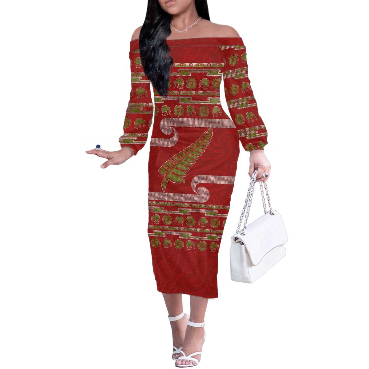 New Zealand Christmas Family Matching Off The Shoulder Long Sleeve Dress and Hawaiian Shirt Meri Kirihimete Silver Fern Knit Style Green Color LT03 Mom's Dress Green - Polynesian Pride