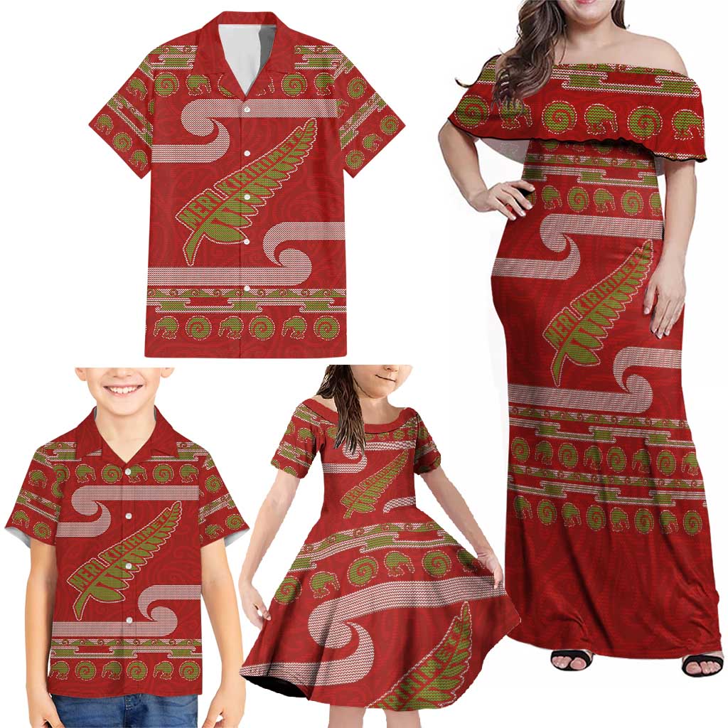 New Zealand Christmas Family Matching Off Shoulder Maxi Dress and Hawaiian Shirt Meri Kirihimete Silver Fern Knit Style Green Color LT03 - Polynesian Pride