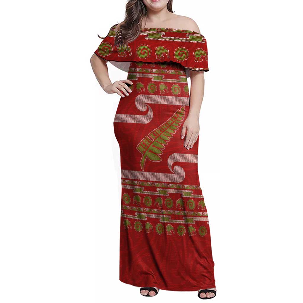 New Zealand Christmas Family Matching Off Shoulder Maxi Dress and Hawaiian Shirt Meri Kirihimete Silver Fern Knit Style Green Color LT03 Mom's Dress Green - Polynesian Pride