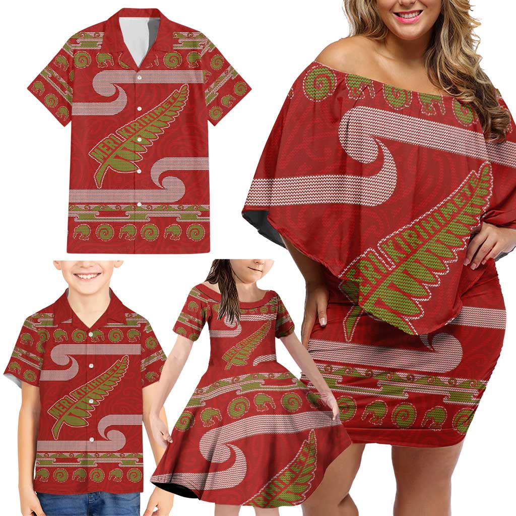 New Zealand Christmas Family Matching Off Shoulder Short Dress and Hawaiian Shirt Meri Kirihimete Silver Fern Knit Style Green Color LT03 - Polynesian Pride