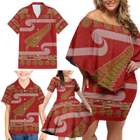 New Zealand Christmas Family Matching Off Shoulder Short Dress and Hawaiian Shirt Meri Kirihimete Silver Fern Knit Style Green Color LT03 - Polynesian Pride