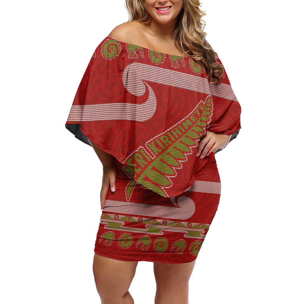 New Zealand Christmas Family Matching Off Shoulder Short Dress and Hawaiian Shirt Meri Kirihimete Silver Fern Knit Style Green Color LT03 Mom's Dress Green - Polynesian Pride