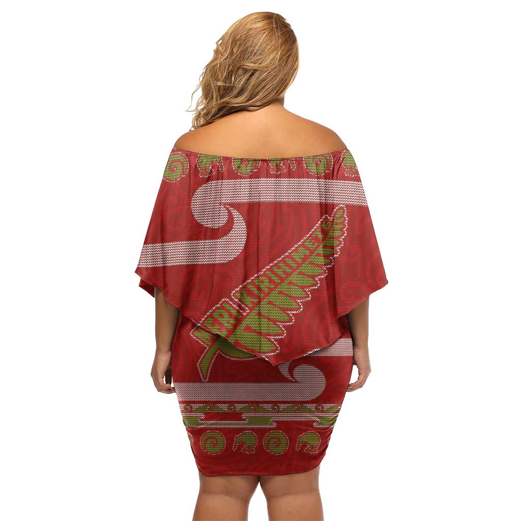 New Zealand Christmas Family Matching Off Shoulder Short Dress and Hawaiian Shirt Meri Kirihimete Silver Fern Knit Style Green Color LT03 - Polynesian Pride