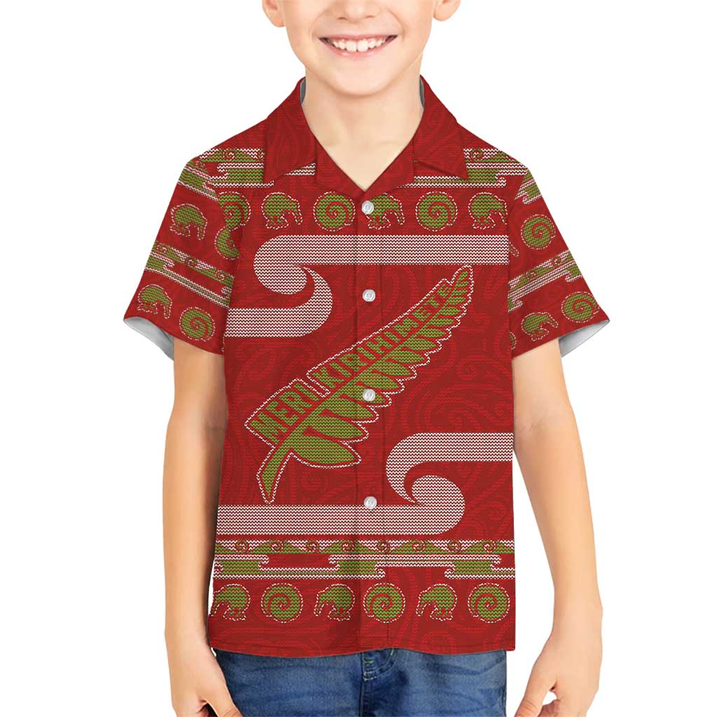 New Zealand Christmas Family Matching Off Shoulder Short Dress and Hawaiian Shirt Meri Kirihimete Silver Fern Knit Style Green Color LT03 Son's Shirt Green - Polynesian Pride