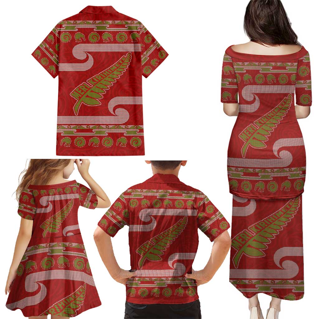 New Zealand Christmas Family Matching Puletasi and Hawaiian Shirt Meri Kirihimete Silver Fern Knit Style Green Color LT03 - Polynesian Pride