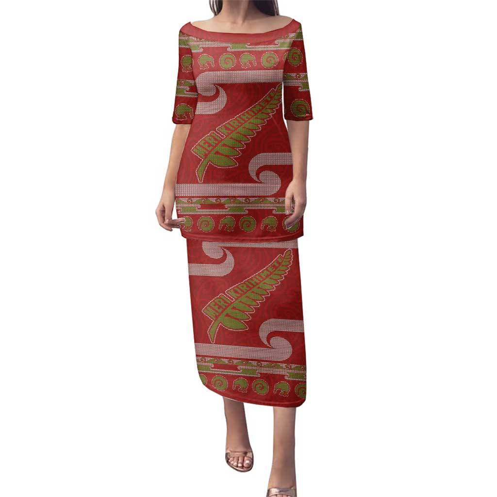 New Zealand Christmas Family Matching Puletasi and Hawaiian Shirt Meri Kirihimete Silver Fern Knit Style Green Color LT03 Mom's Dress Green - Polynesian Pride