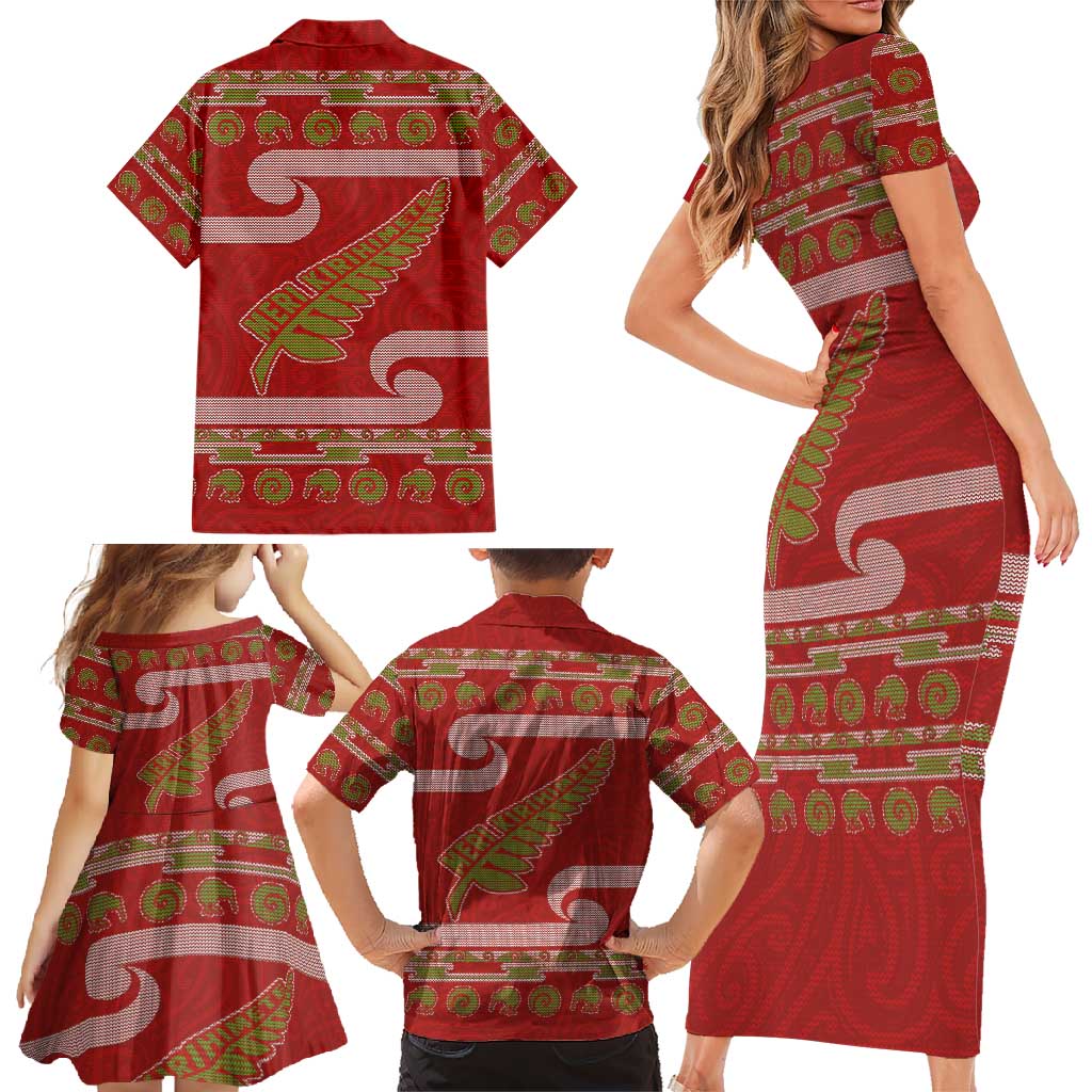 New Zealand Christmas Family Matching Short Sleeve Bodycon Dress and Hawaiian Shirt Meri Kirihimete Silver Fern Knit Style Green Color LT03 - Polynesian Pride