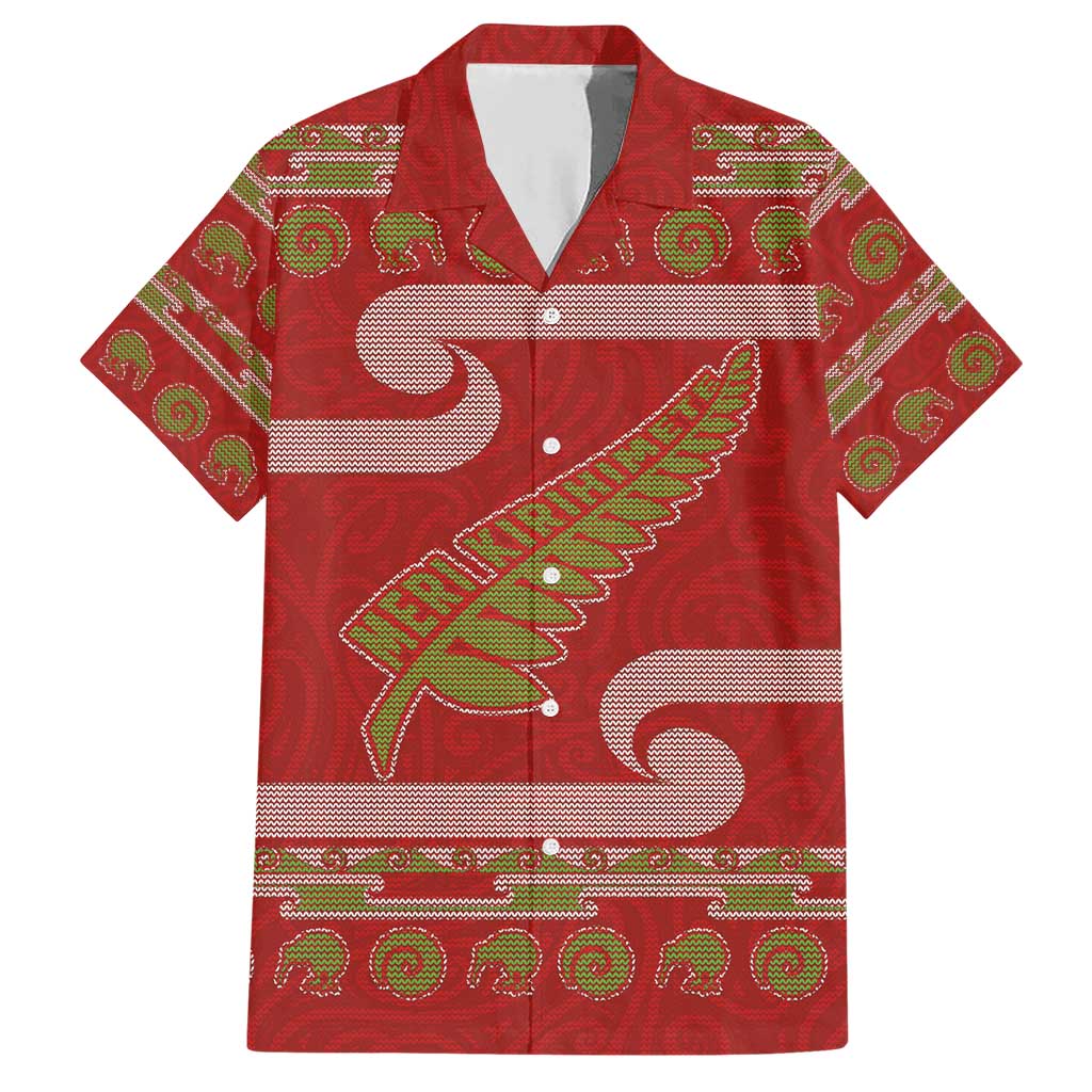 New Zealand Christmas Family Matching Short Sleeve Bodycon Dress and Hawaiian Shirt Meri Kirihimete Silver Fern Knit Style Green Color LT03 Dad's Shirt - Short Sleeve Green - Polynesian Pride