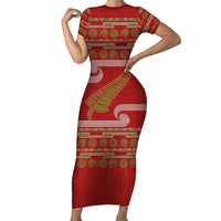 New Zealand Christmas Family Matching Short Sleeve Bodycon Dress and Hawaiian Shirt Meri Kirihimete Silver Fern Knit Style Green Color LT03 Mom's Dress Green - Polynesian Pride
