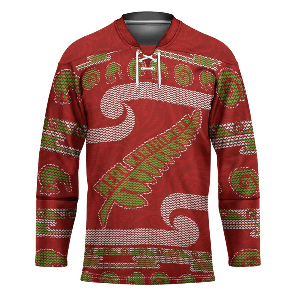 New Zealand Christmas Hockey Jersey Meri Kirihimete Silver Fern Knit Style Green Color - Polynesian Pride