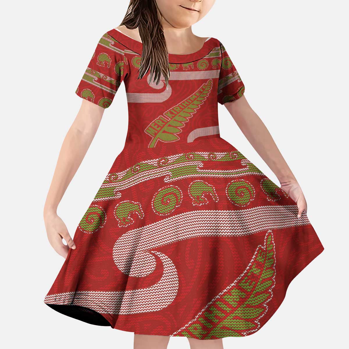 New Zealand Christmas Kid Short Sleeve Dress Meri Kirihimete Silver Fern Knit Style Green Color LT03 KID Green - Polynesian Pride