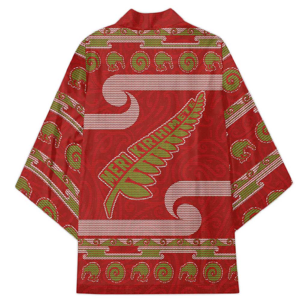 New Zealand Christmas Kimono Meri Kirihimete Silver Fern Knit Style Green Color LT03 - Polynesian Pride