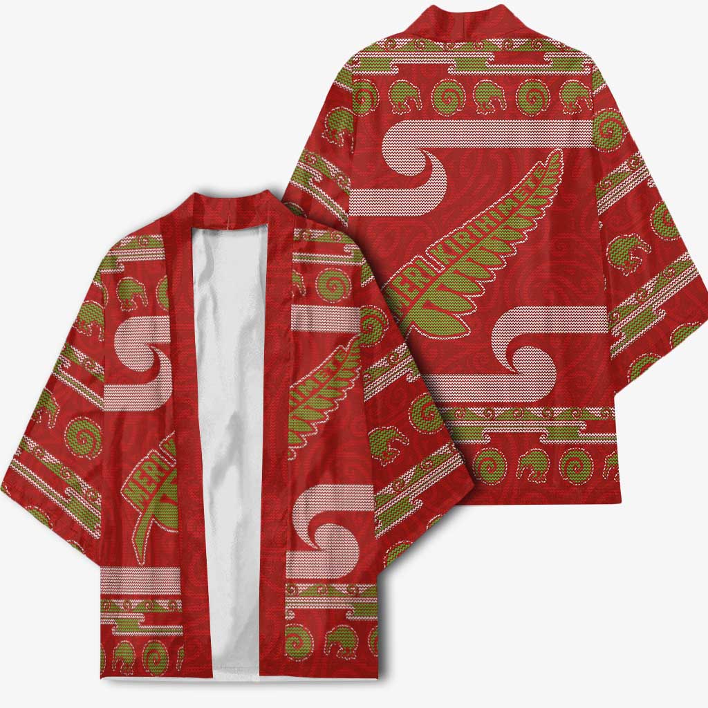 New Zealand Christmas Kimono Meri Kirihimete Silver Fern Knit Style Green Color LT03 - Polynesian Pride
