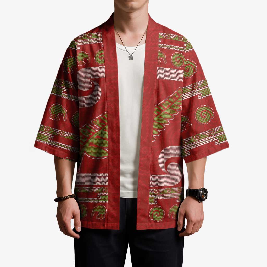 New Zealand Christmas Kimono Meri Kirihimete Silver Fern Knit Style Green Color LT03 - Polynesian Pride