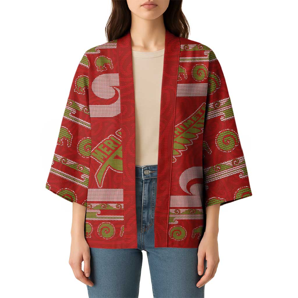 New Zealand Christmas Kimono Meri Kirihimete Silver Fern Knit Style Green Color LT03 - Polynesian Pride