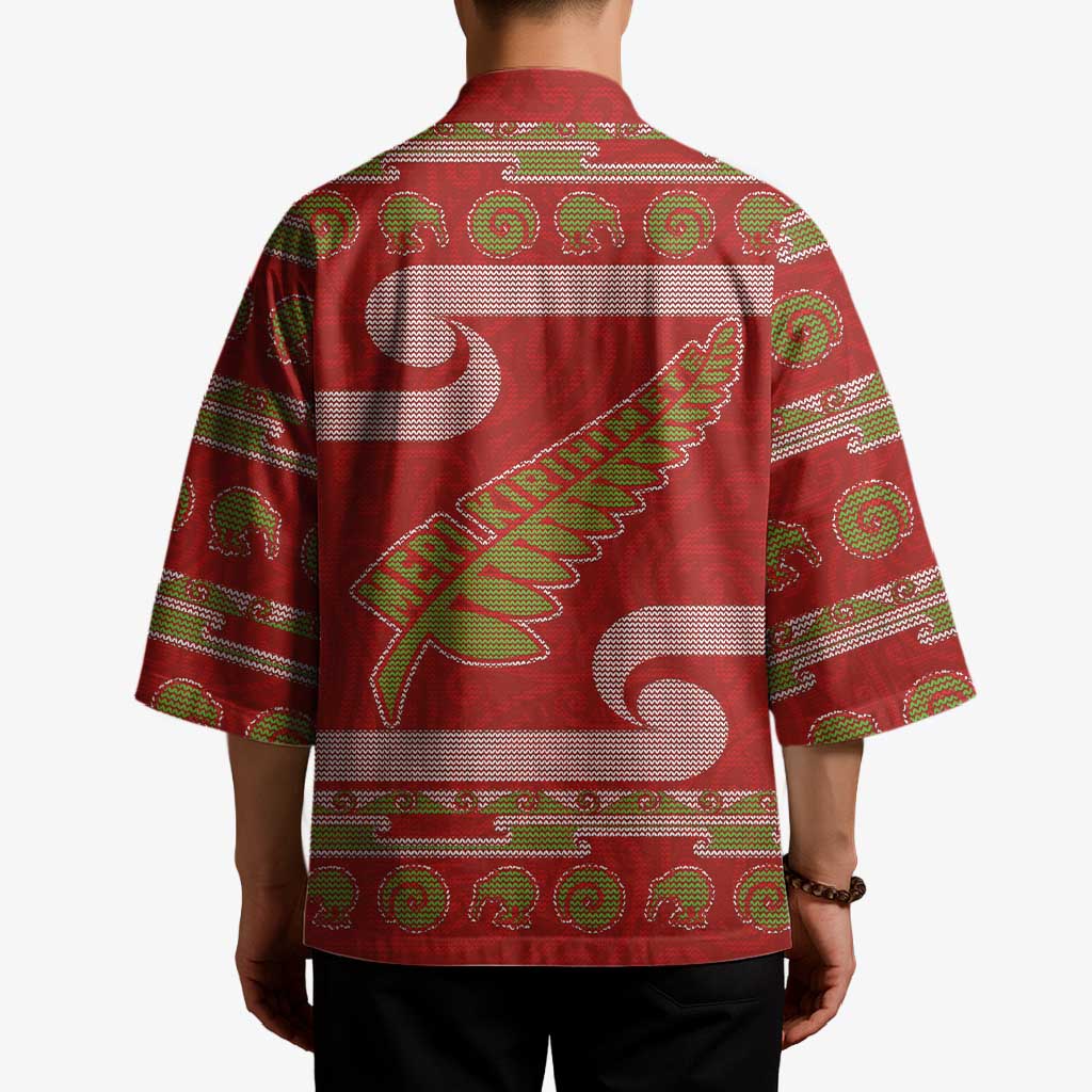 New Zealand Christmas Kimono Meri Kirihimete Silver Fern Knit Style Green Color LT03 - Polynesian Pride