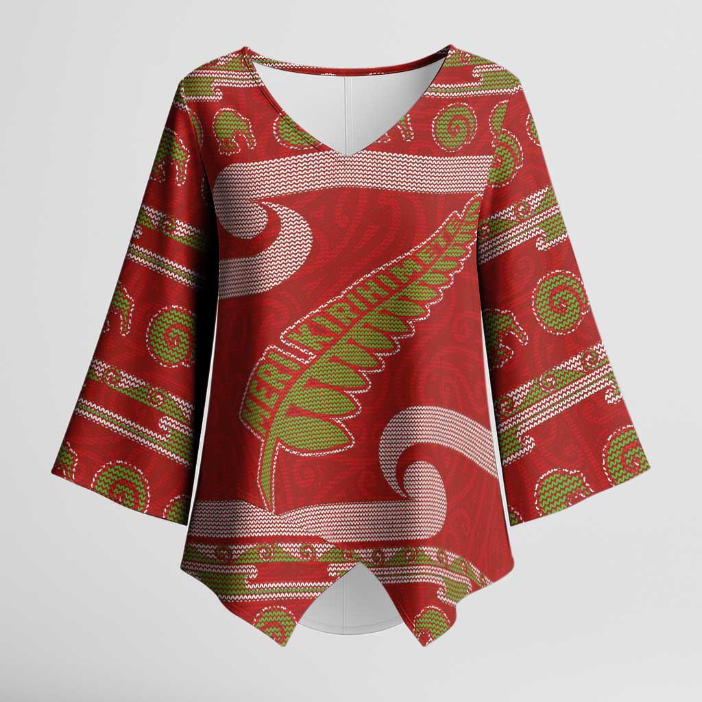 New Zealand Christmas Kimono Sleeve Blouse Meri Kirihimete Silver Fern Knit Style Green Color LT03 Female Green - Polynesian Pride