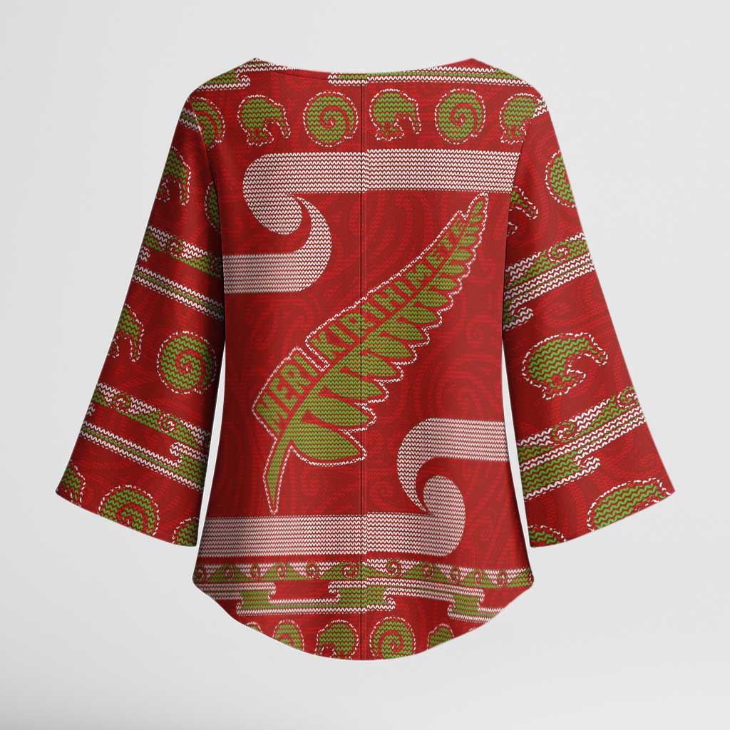 New Zealand Christmas Kimono Sleeve Blouse Meri Kirihimete Silver Fern Knit Style Green Color LT03 - Polynesian Pride