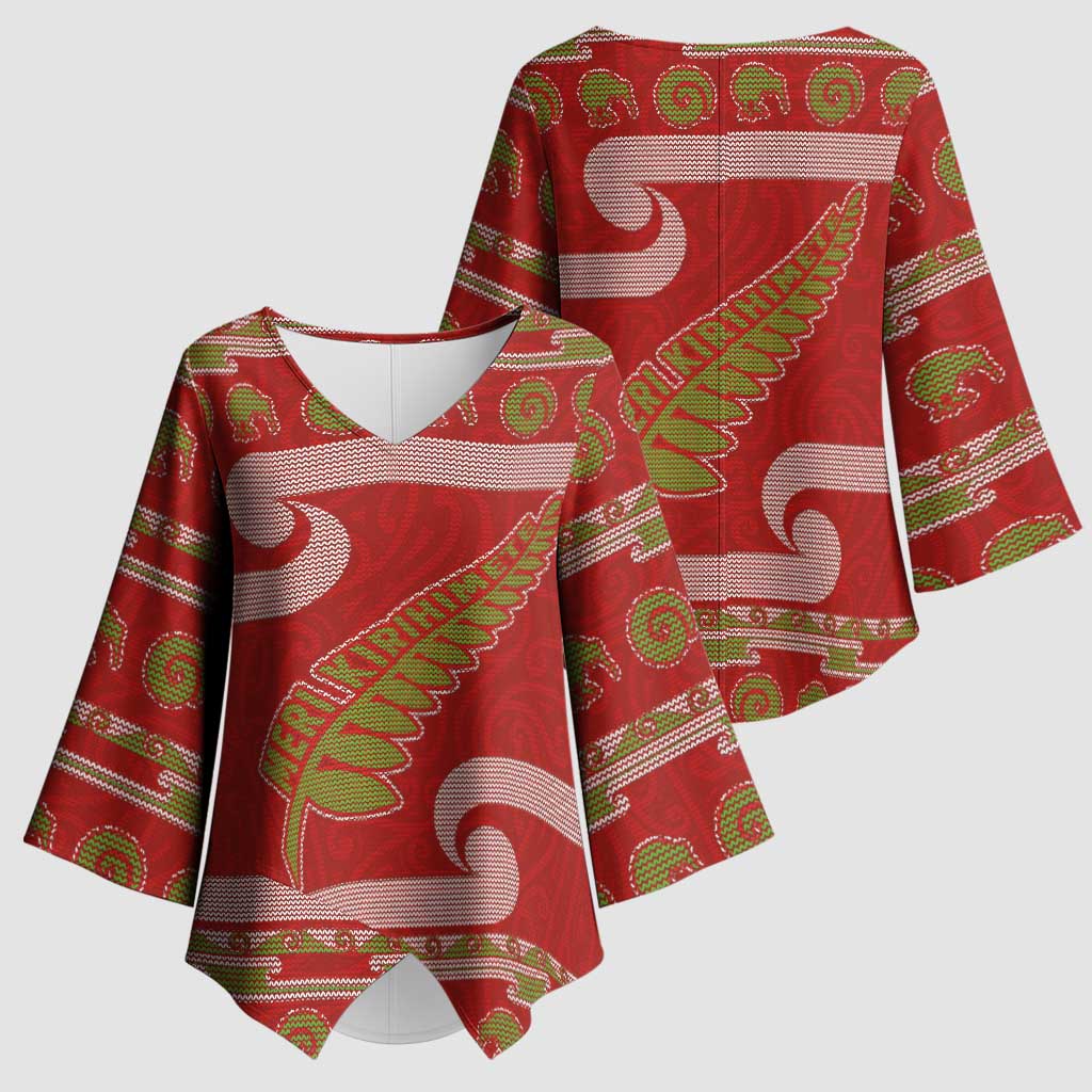 New Zealand Christmas Kimono Sleeve Blouse Meri Kirihimete Silver Fern Knit Style Green Color LT03 - Polynesian Pride