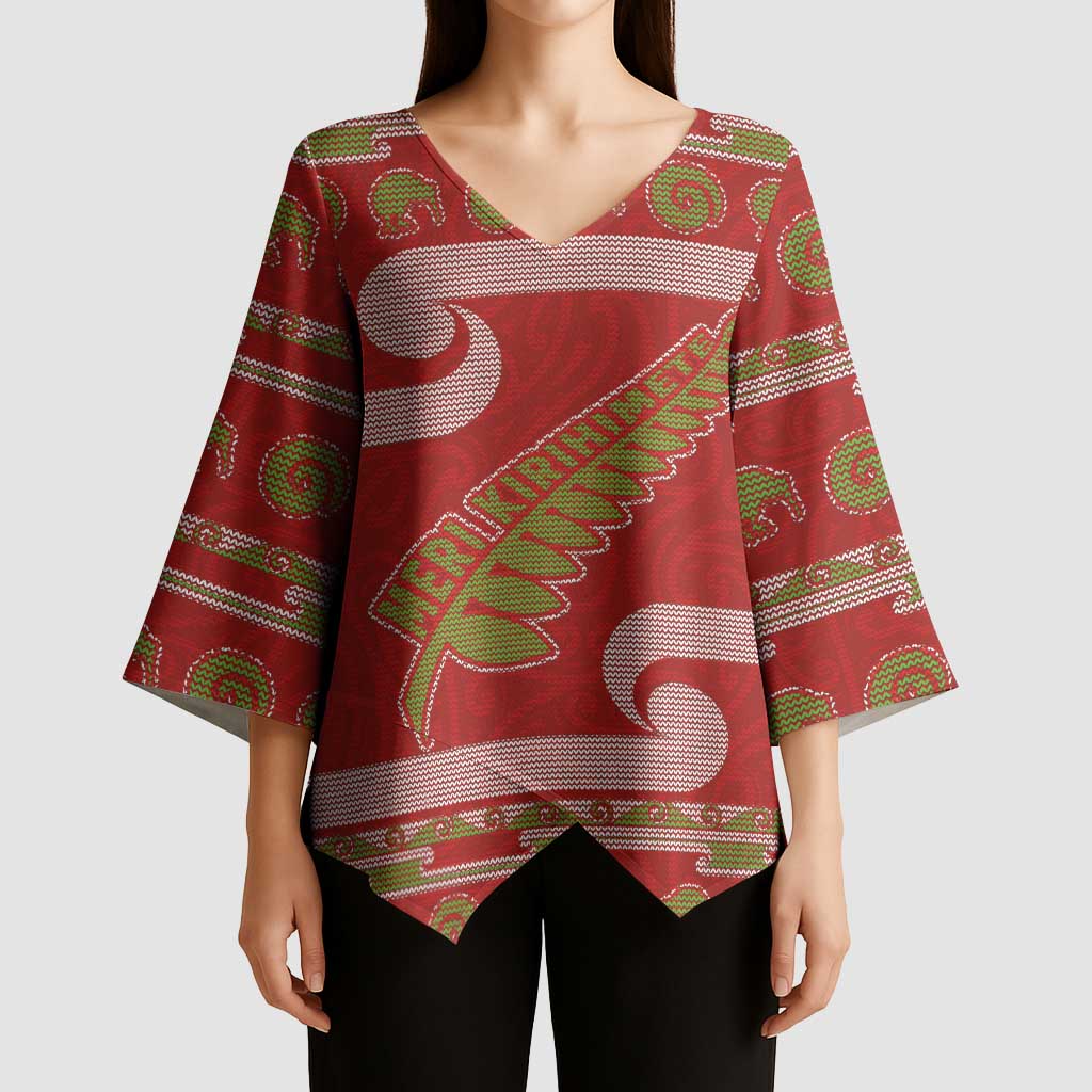 New Zealand Christmas Kimono Sleeve Blouse Meri Kirihimete Silver Fern Knit Style Green Color LT03 - Polynesian Pride