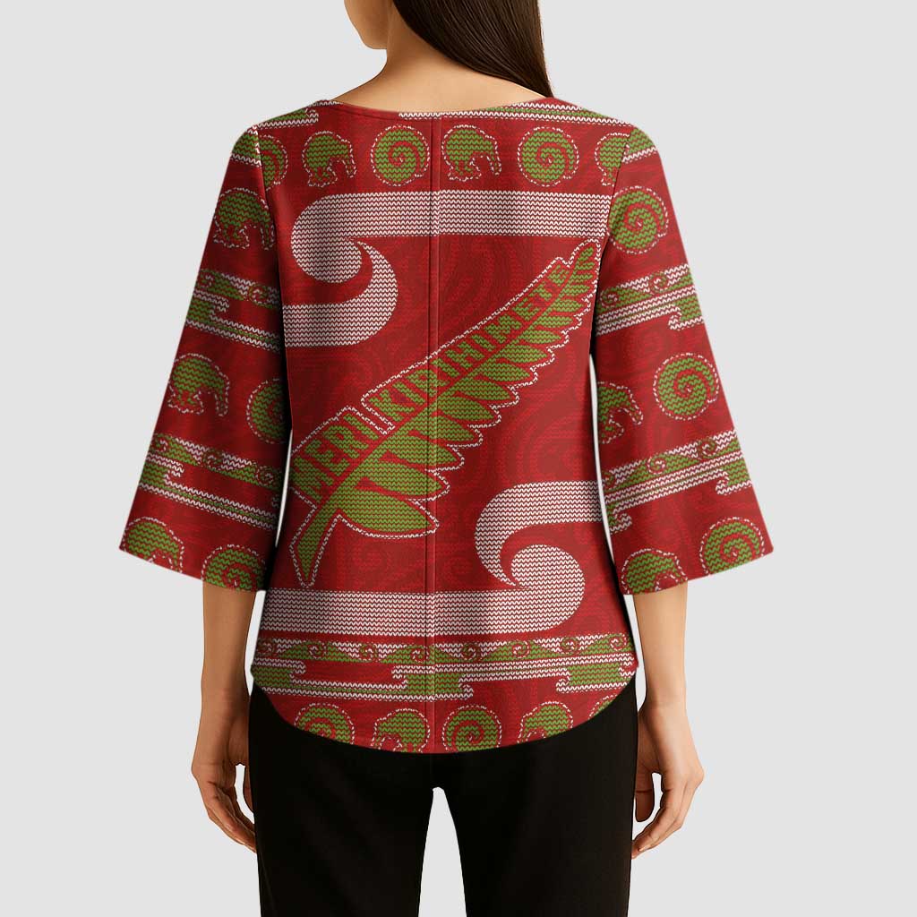 New Zealand Christmas Kimono Sleeve Blouse Meri Kirihimete Silver Fern Knit Style Green Color LT03 - Polynesian Pride