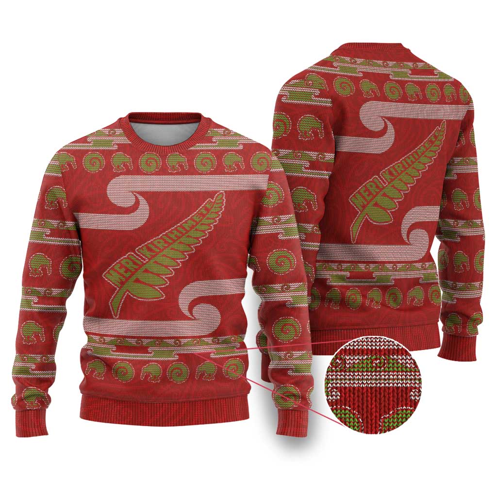 New Zealand Christmas Ugly Christmas Sweater Meri Kirihimete Silver Fern Knit Style Green Color - Polynesian Pride