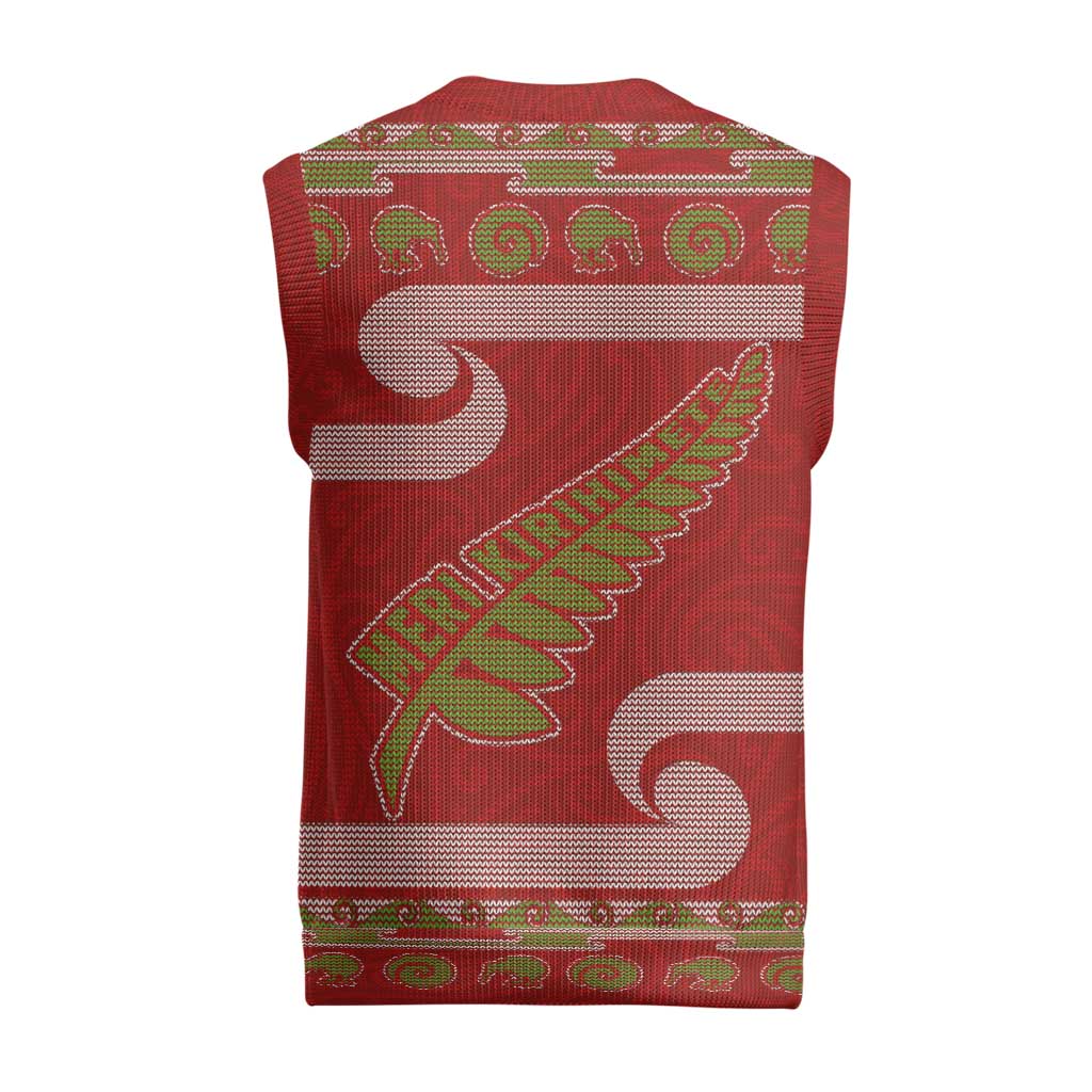 New Zealand Christmas Knitted V-Neck Vest Meri Kirihimete Silver Fern Knit Style Green Color LT03 - Polynesian Pride