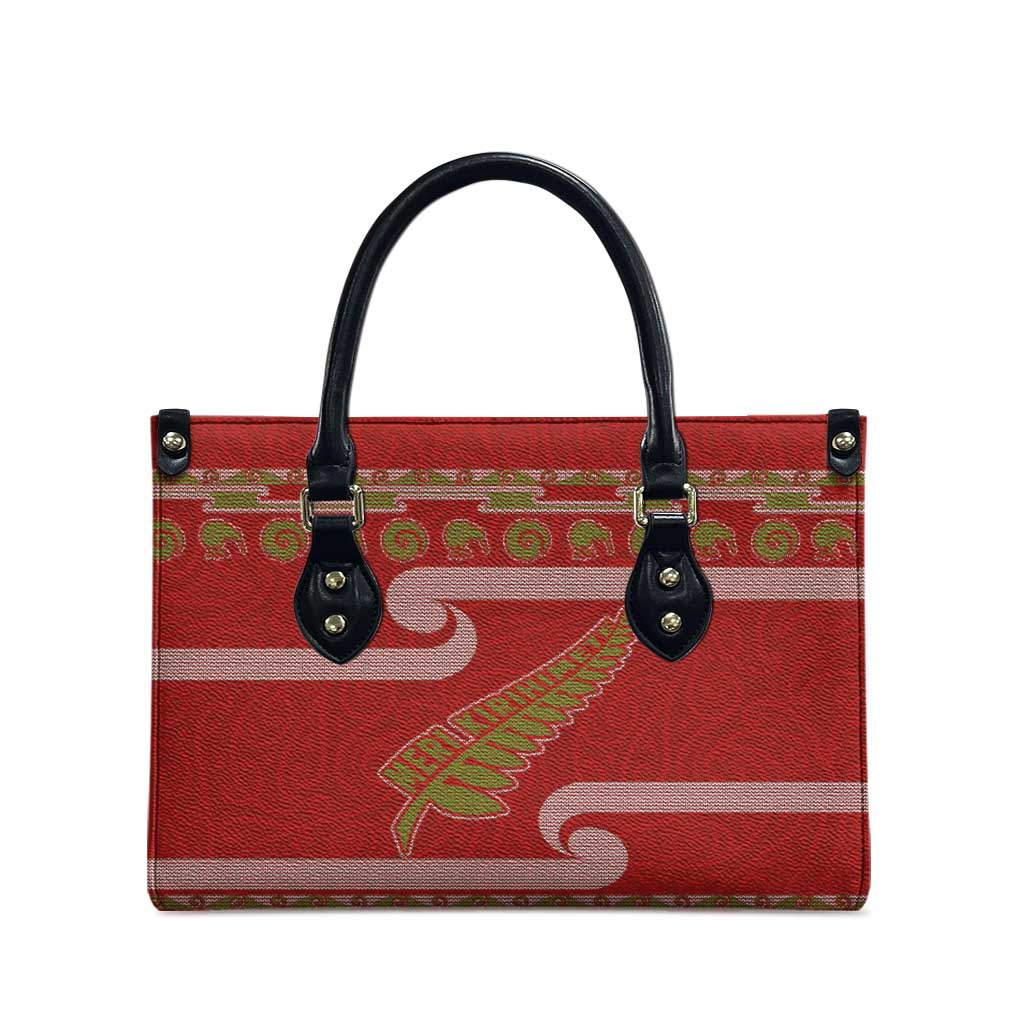 New Zealand Christmas Leather Bag Meri Kirihimete Silver Fern Knit Style Green Color LT03 - Polynesian Pride